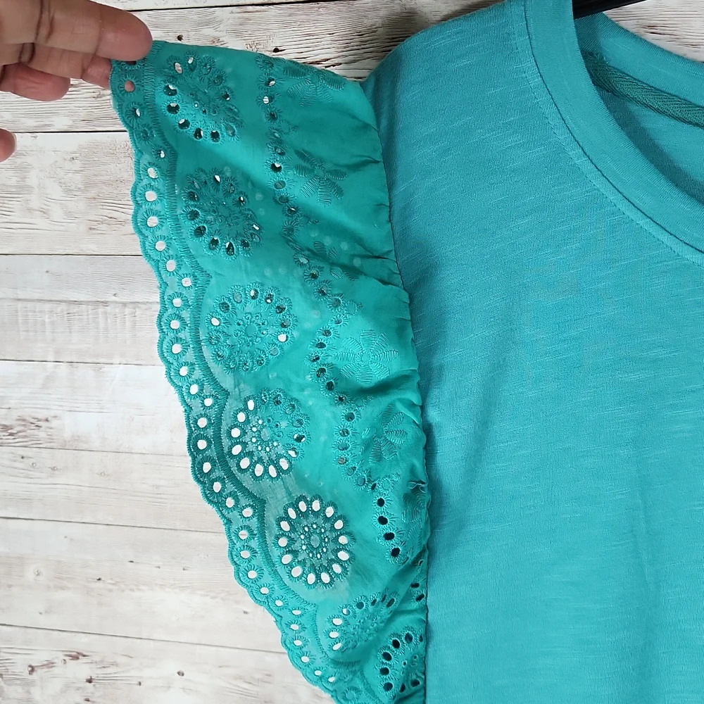 NWT, Indigo Poppy, Women's Teal top, short laced sleeves, with ruffle hemline. S - Picture 8 of 8